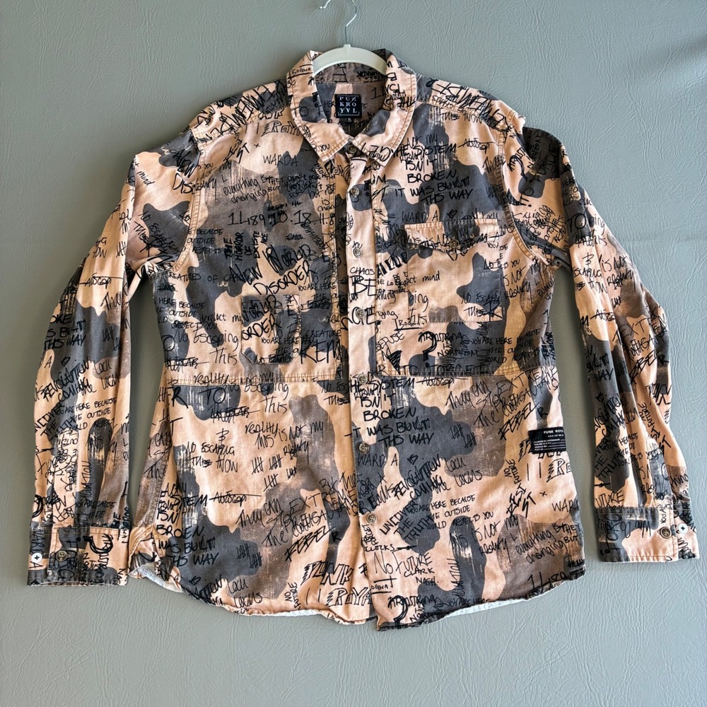 Punk Royal Mens XL Safari Camo Graffiti AOP Long Sleeve Button Down Shirt Tan